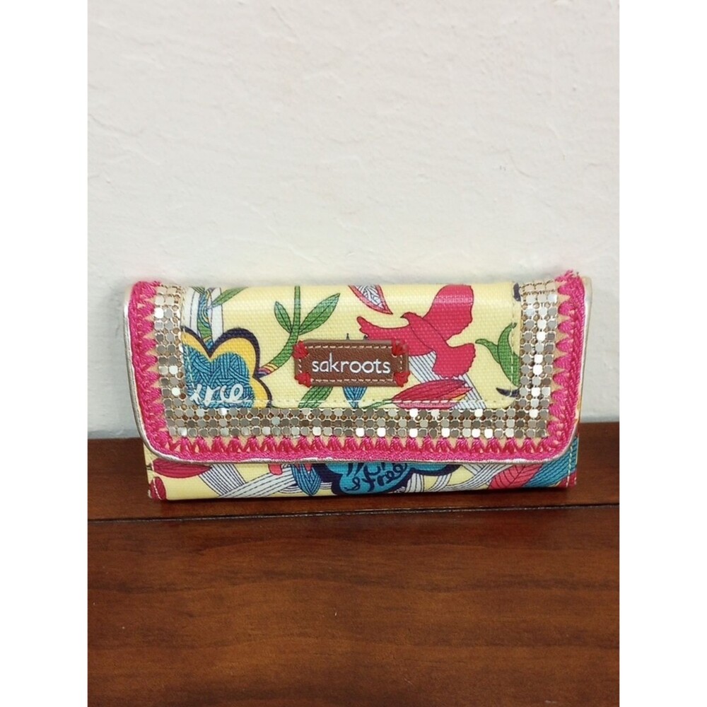 Sakroots Yellow Happy & Free Peace Tri Fold Wallet Clutch